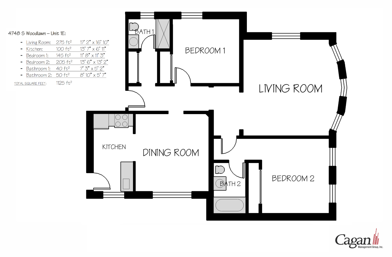 Floor plan for 2 beds, 1 bath, 1125 sqft
